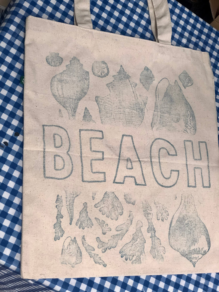 Beach tote bag made with Iron Orchid Designs Seashore and Retro Stamps