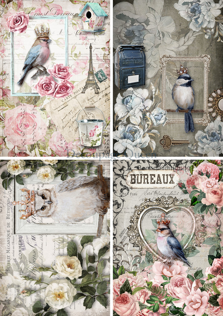 Decoupage Queen Crowned Birds Four Pack Rice Paper A3-11.7 x 16.5 in - BluebirdMercantile