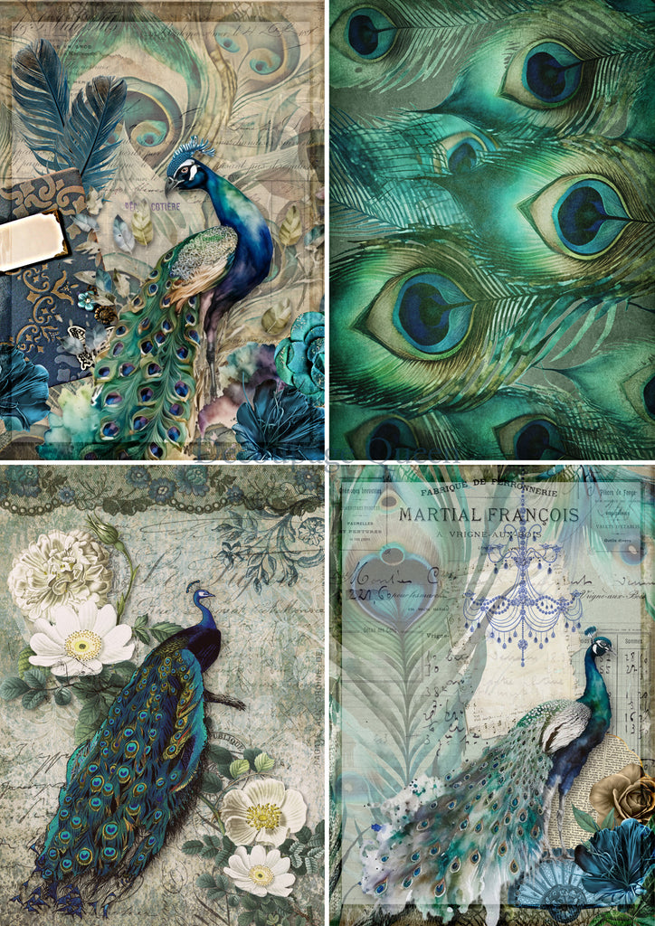 Decoupage Queen Peacock Four Pack Rice Paper A3-11.7 x 16.5 in - BluebirdMercantile