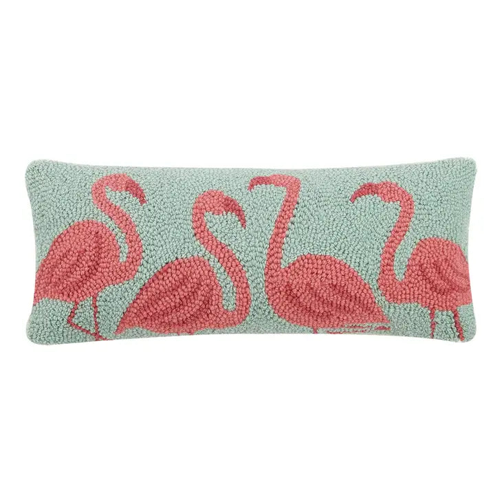 Four Flamingo pillow- Hooked style. Grand Millennial Palm Beach Style turquoise, pink, blue, andcoral