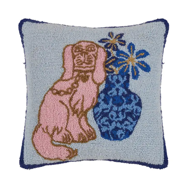 Foo Dog and Vase  pillow- Hooked style. Grand Millennial Palm Beach Style dusty blue, pink, tan, blue, and coral