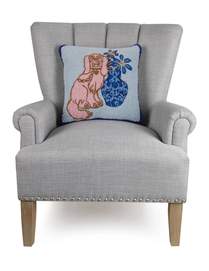 Foo Dog and Vase  pillow- Hooked style. Grand Millennial Palm Beach Style dusty blue, pink, tan, blue, and coral