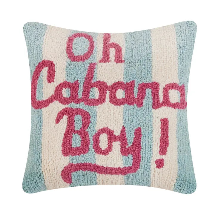 "Oh Cabana Boy" pillow- Hooked style. Grand Millennial Palm Beach Style turquoise, pink, cream striped