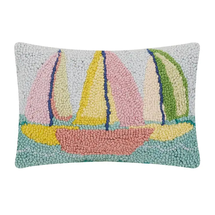 Three sailboat pillow- Hooked style. Grand Millennial Palm Beach Style turquoise, pink, blue, yellow, green, and coral