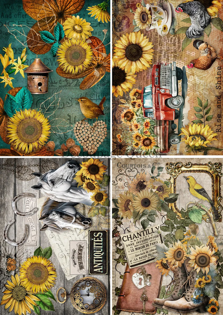 Decoupage Queen Country Sunflowers- 4 designs 1 page Rice Paper A4-11.7 x 8.3 in
