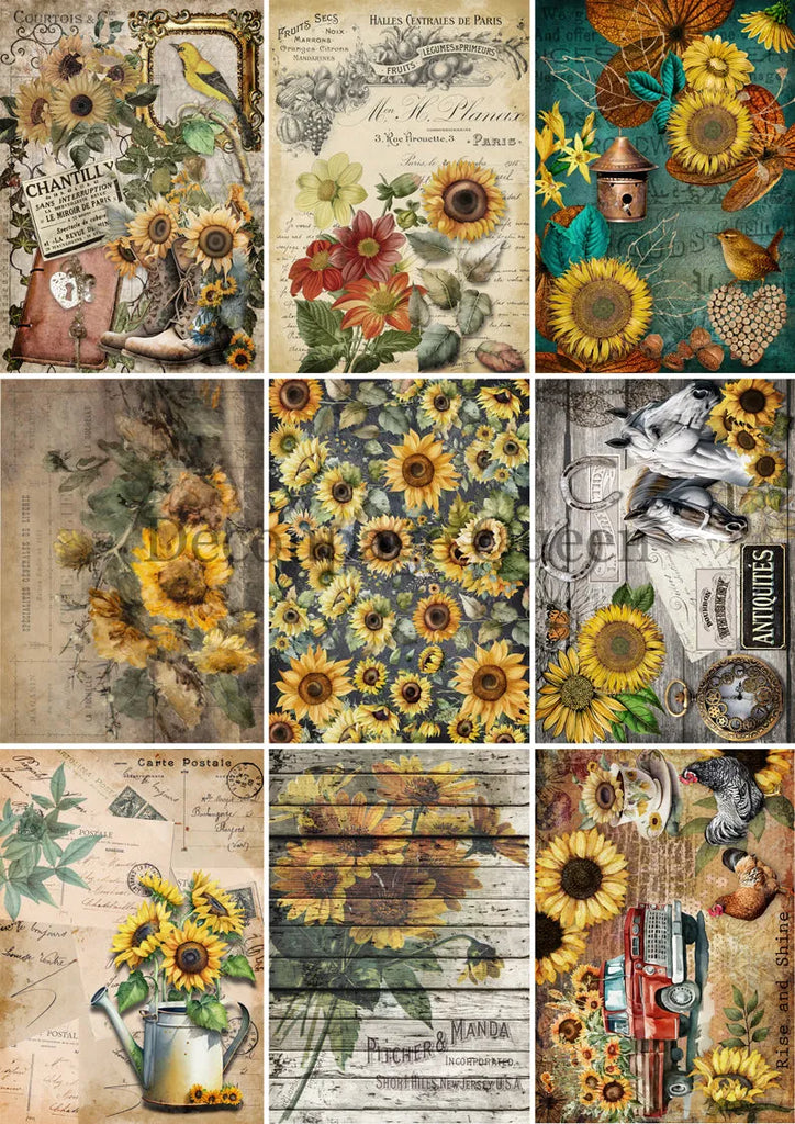 Decoupage Queen Country Sunflowers journaling cards 9 designs on one page VELLUM Paper A4-11.7 x 8.3 in
